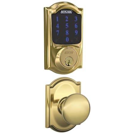 Schlage Connect Camelot Touchscreen Electronic Deadbolt with Z-Wave Plus Technology and Passage Plymouth Knob and Decorative Camelot Trim Polished Brass