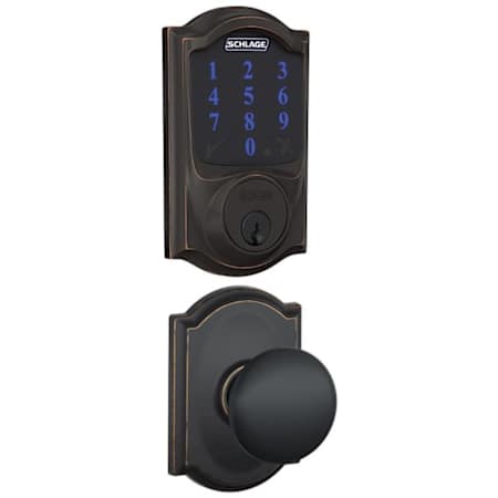 Schlage Connect Camelot Touchscreen Electronic Deadbolt with Z-Wave Plus Technology and Passage Plymouth Knob and Decorative Camelot Trim Aged Bronze