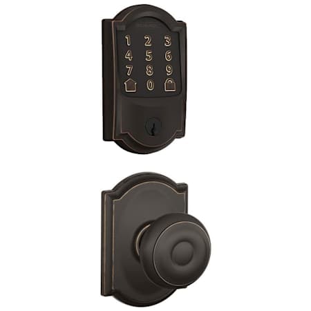 Schlage Encode WiFi Enabled Electronic Keypad Deadbolt and Georgian Knob Set with Camelot Trim Aged Bronze