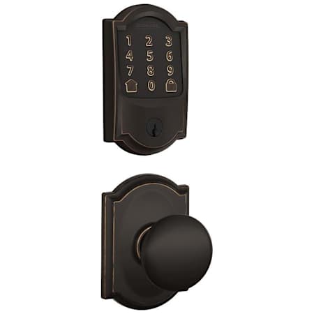 Schlage Encode WiFi Enabled Electronic Keypad Deadbolt and Plymouth Knob Set with Camelot Trim Aged Bronze