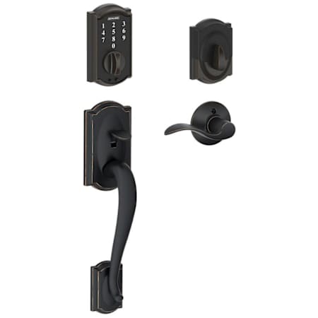 Schlage Camelot Touch Entry Handleset with Right Handed Accent Lever Aged Bronze