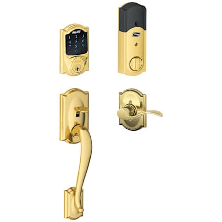 Schlage Connect Camelot Touchscreen Handleset with Left Handed Accent Lever, Decorative Camelot Rose, and Built-in Alarm Polished Brass