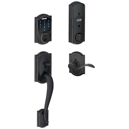 Schlage Connect Camelot Touchscreen Handleset with Left Handed Accent Lever, Decorative Camelot Rose, and Built-in Alarm Aged Bronze