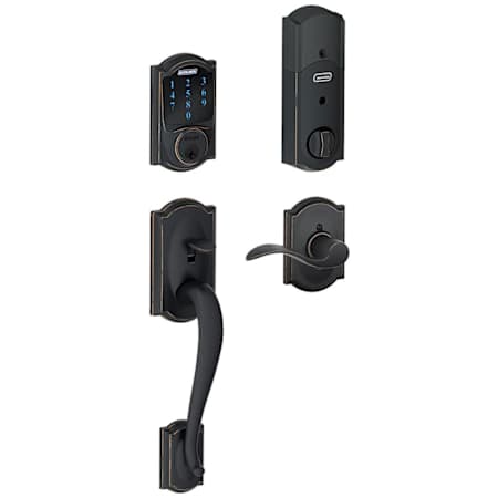 Schlage Connect Camelot Touchscreen Handleset with Right Handed Accent Lever, Decorative Camelot Rose, and Built-in Alarm Aged Bronze