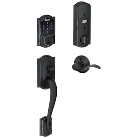 Schlage Connect Camelot Touchscreen Handleset with Accent Lever and Built-in Alarm - Left Handed Aged Bronze