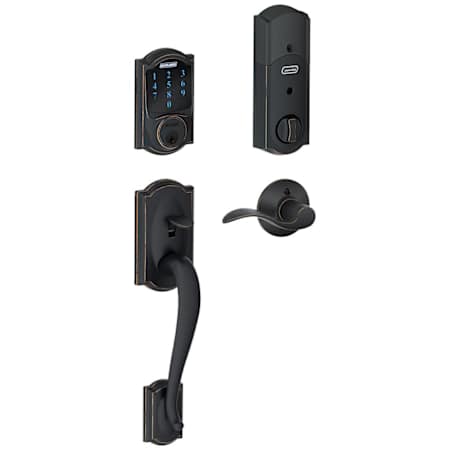 Schlage Connect Camelot Touchscreen Handleset with Accent Lever and Built-in Alarm - Right Handed Aged Bronze