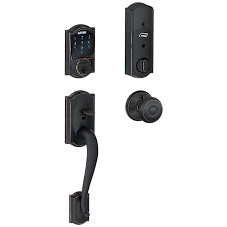Schlage Connect Camelot Touchscreen Handleset with Georgian Knob and Built-in Alarm Aged Bronze