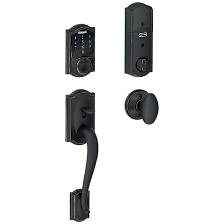 Schlage Connect Camelot Touchscreen Handleset with Interior Siena Knob and Built-In Alarm Aged Bronze