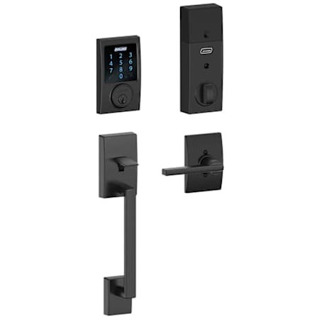Schlage Connect Century Touchscreen Handleset with Latitude Lever, Decorative Century Rose, and Built-in Alarm Matte Black