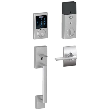 Schlage Connect Century Touchscreen Handleset with Latitude Lever, Decorative Century Rose, and Built-in Alarm Satin Chrome