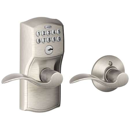 Schlage Camelot Keypad Entry with Auto-Lock Door Lever Set with Accent Interior Lever Satin Nickel