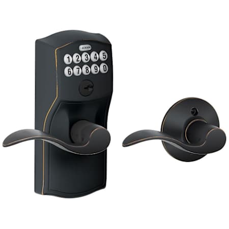 Schlage Camelot Keypad Entry with Auto-Lock Door Lever Set with Accent Interior Lever Aged Bronze