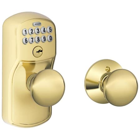 Schlage Plymouth Keypad Entry Auto-Lock Door Knob Set with Plymouth Interior Knob Lifetime Polished Brass