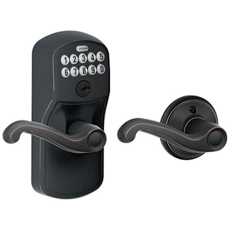 Schlage Plymouth Keypad Entry with Auto-Lock Door Lever Set with Flair Interior Lever Aged Bronze