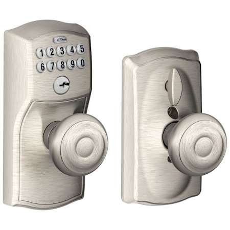 Schlage Camelot Keypad Entry with Flex-Lock Door Knob Set with Georgian Interior Knob Satin Nickel