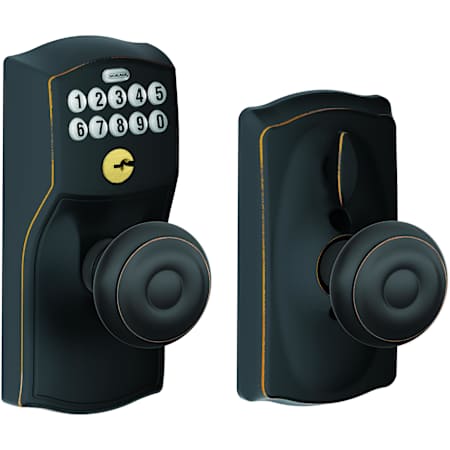 Schlage Camelot Keypad Entry with Flex-Lock Door Knob Set with Georgian Interior Knob Aged Bronze