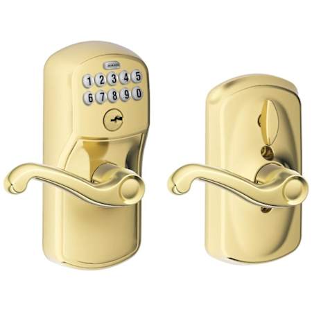 Schlage Flex Lock Keypad Entry Lock Leverset with Flair Lever from the Plymouth Collection Lifetime Polished Brass