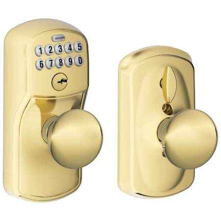 Schlage Plymouth Keypad Entry with Flex-Lock Door Knob Set with Plymouth Interior Knob Lifetime Polished Brass