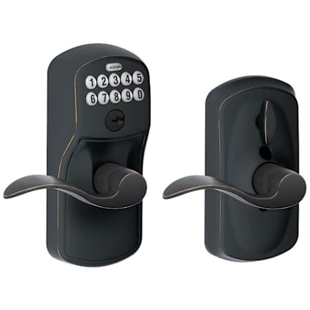 Schlage Keypad Entry Lock Leverset with Flex Lock and Accent Lever from the Plymouth Collection Aged Bronze