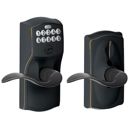 Schlage Camelot Keypad Entry with Flex-Lock Door Lever Set with Accent Interior Lever Aged Bronze