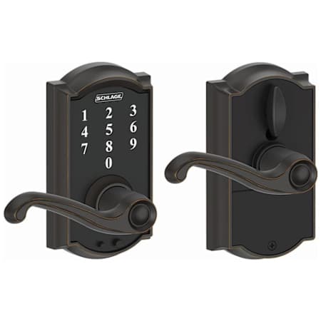 Schlage Camelot Touch Entry Leverset with Flair Lever Aged Bronze