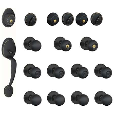 Schlage Barcelona Complete House Door Hardware Package with Corona Interior Knobs and Single Cylinder Exterior Front Door Handleset from the J-Series (Formerly Dexter) Aged Bronze