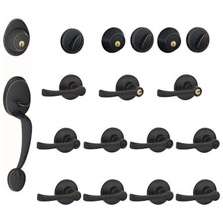 Schlage Barcelona Complete House Door Hardware Package with Torino Interior Levers and Single Cylinder Exterior Front Door Handleset from the J-Series (Formerly Dexter) Aged Bronze
