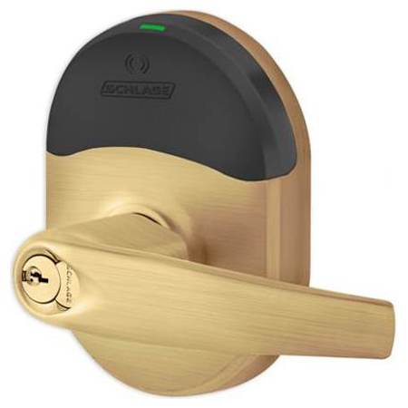 Schlage Athens Electronic Storeroom Door Lever with ENGAGE™ Technology from the NDE Series - Full Size Interchangeable Core Satin Bronze
