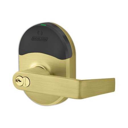 Schlage Rhodes Electronic Storeroom Door Lever with ENGAGE™ Technology from the NDE Series - Full Size Interchangeable Core Satin Brass