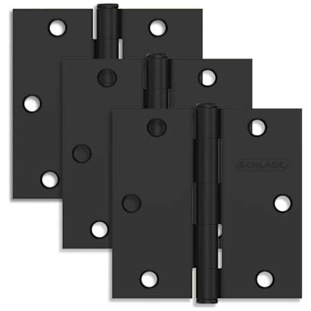 Schlage Pack of Three 3.5" x 3.5" Square Corner Plain Bearing Mortise Hinges Matte Black