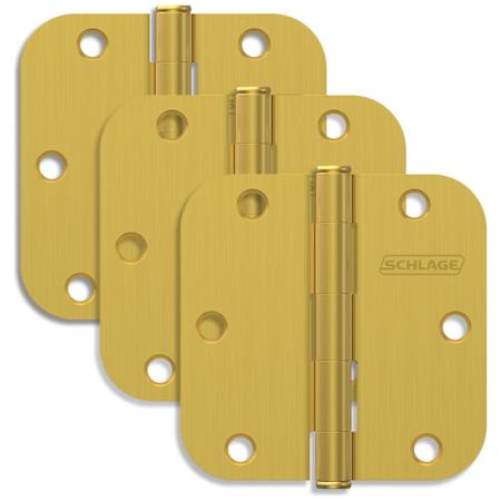 Schlage Pack of Three 3.5" x 3.5" Plain Bearing 5/8" Radius Corner Mortise Hinges Satin Brass
