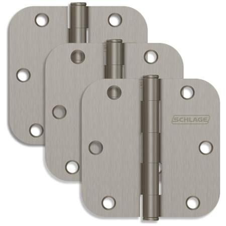Schlage Pack of Three 3.5" x 3.5" Plain Bearing 5/8" Radius Corner Mortise Hinges Satin Nickel