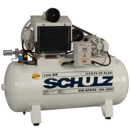 Schulz 15 HP 120 Gal 120 Max PSI Two-Stage Stationary Electric (208, 230, 460 Volt 3 Phase) Reciprocating Air Compressor N/A