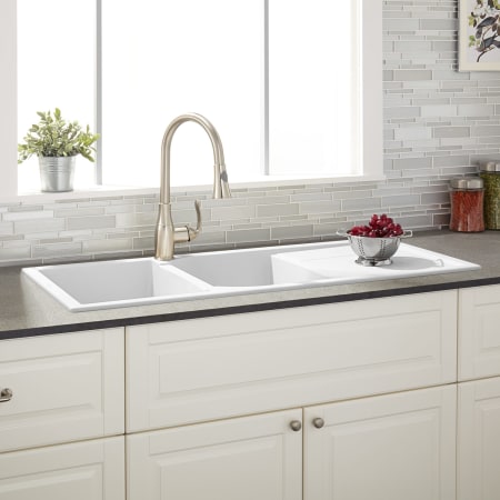 Signature Hardware Tansi 46" Drop In Double Basin Granite Composite Kitchen Sink with Drain Board Cloud White