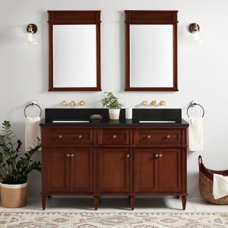 Signature Hardware Elmdale 60" Freestanding Mahogany Double Basin Vanity Set with Cabinet, Vanity Top, and Rectangular Undermount Sink - No Faucet Holes Antique Brown / Absolute Black