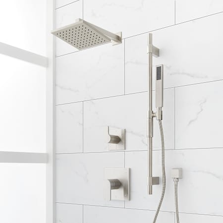Signature Hardware Hibiscus Pressure Balanced Shower System with Rainfall Shower Head, Hand Shower, Slide Bar, Shower Arm, Hose, and Valve Trim - Accufit Rough-In Valve Included Brushed Nickel