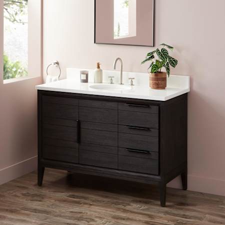 Signature Hardware Aliso 48" Freestanding Teak Single Basin Vanity Set with Cabinet, Vanity Top, and Oval Undermount Sink - 8" Widespread Faucet Holes Charred Timber Black / Arctic White