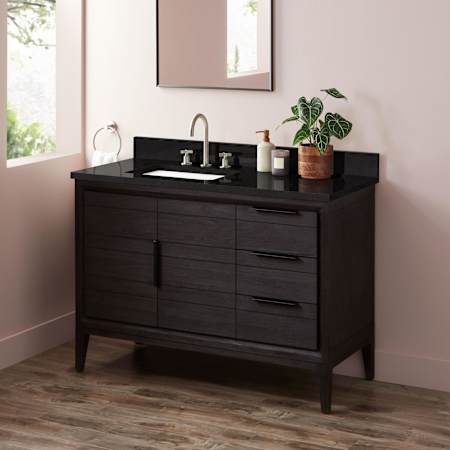 Signature Hardware Aliso 48" Freestanding Teak Single Basin Vanity Set with Cabinet, Vanity Top, and Rectangular Undermount Sink - 8" Widespread Faucet Holes Charred Timber Black / Carbon Black