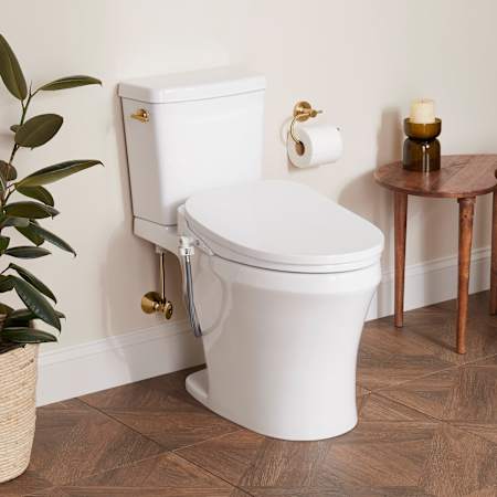 Signature Hardware Millspring 1.0 GPF Two Piece Elongated Toilet - ADA Compliant, Bidet Seat Included White / Brushed Gold Lever