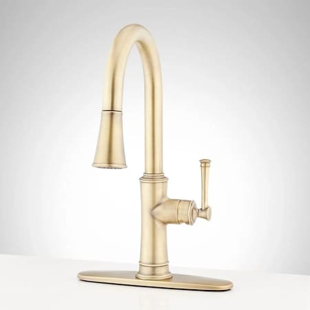 Signature Hardware Beasley 1.75 GPM Single Hole Pull Down Kitchen Faucet - W/ Deck Plate Aged Brass