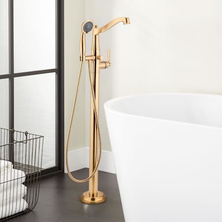 Signature Hardware Pendleton Floor Mounted Tub Filler Faucet - Includes Hand Shower, Less Valve Brushed Gold