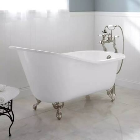 Signature Hardware Callaway 61" Cast Iron Soaking Clawfoot Tub with Pre-Drilled Overflow Hole - Less Drain White / Brushed Nickel Feet