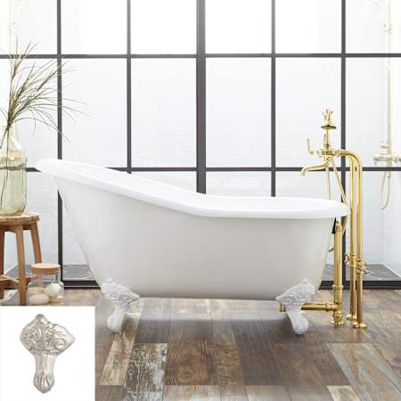 Signature Hardware Erica 57" Cast Iron Soaking Clawfoot Tub with Pre-Drilled Overflow Hole - Less Drain White / Brushed Nickel Feet