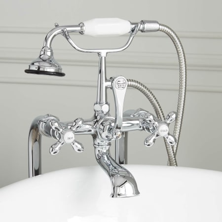 Signature Hardware 34-1/2" Floor Mounted Tub Filler Faucet with Metal Cross Handles - Includes Hand Shower and Valve Chrome