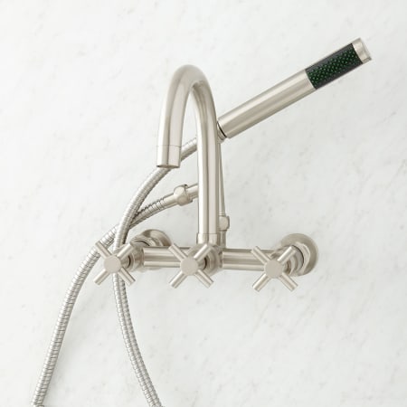 Signature Hardware Sebastian Wall Mounted Tub Filler Faucet with 2" Wall Couplers and Cross Handles - Includes Hand Shower Brushed Nickel