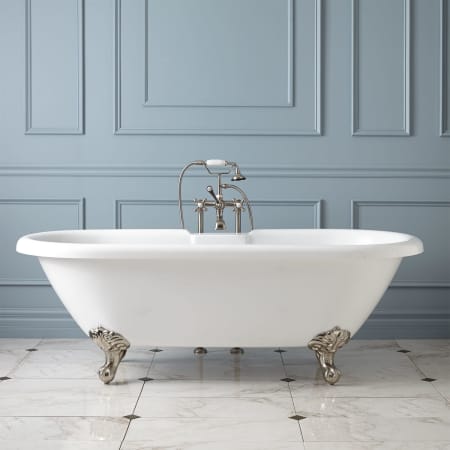 Signature Hardware Audrey 59" Acrylic Soaking Clawfoot Tub with Tap Deck and Pre-Drilled Overflow Hole - Less Drain White / Brushed Nickel Feet