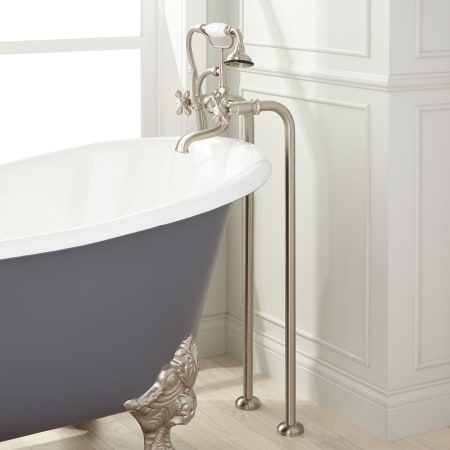 Signature Hardware Freestanding English Telephone Tub Filler with Brass Cross Handles - 24-1/2" Spout Height - Includes Hand Shower and Valve Brushed Nickel