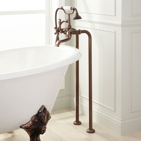 Signature Hardware 31-1/2" Floor Mounted Tub Filler Faucet with Cross Handles and Lever Diverter - Includes Hand Shower, Valve Included Oil Rubbed Bronze