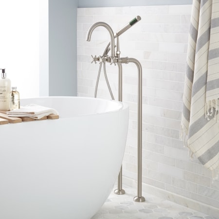 Signature Hardware Sebastian Freestanding Floor Mounted Tub Filler with Cross Handles - 35-1/2" Spout Height- Includes Hand Shower and Valve Brushed Nickel