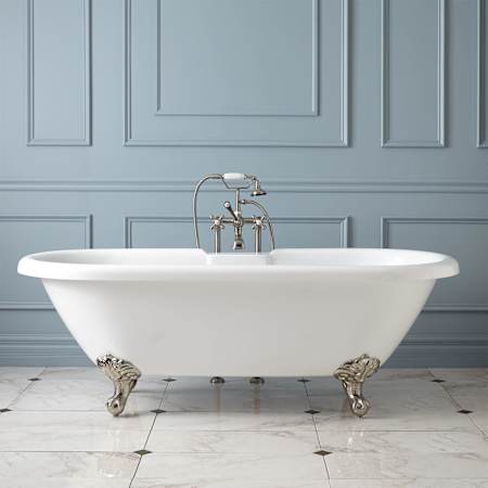 Signature Hardware Audrey 69" Acrylic Soaking Clawfoot Tub with Tap Deck and Pre-Drilled Overflow Hole - Less Drain White / Brushed Nickel Feet
